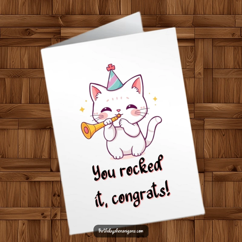 Funny Free Printable Congratulations Card with a kawaii cat wearing a birthday hat and blowing a trumpet, celebrating success.