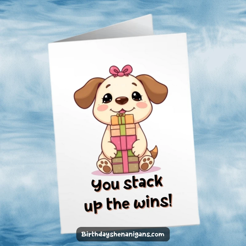 Funny Free Printable Congratulations Card with a happy Kawaii dog balancing a stack of presents on its nose, celebrating success.