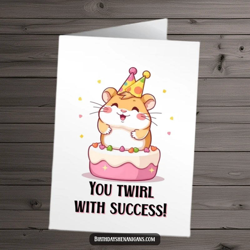 Funny Free Printable Congratulations Card featuring a gleeful Kawaii hamster in a party hat, joyfully spinning on a decorated cake.