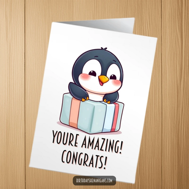 Funny Free Printable Penguin Congratulations Card: Cheerful penguin sliding down a wrapped gift, celebrating success with downloadable arctic humor.