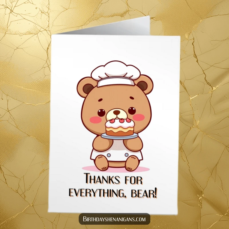 Funny Free Printable Kawaii Bear Chef Thank You Card: A chef bear holding up a comically tiny cake for thanks.
