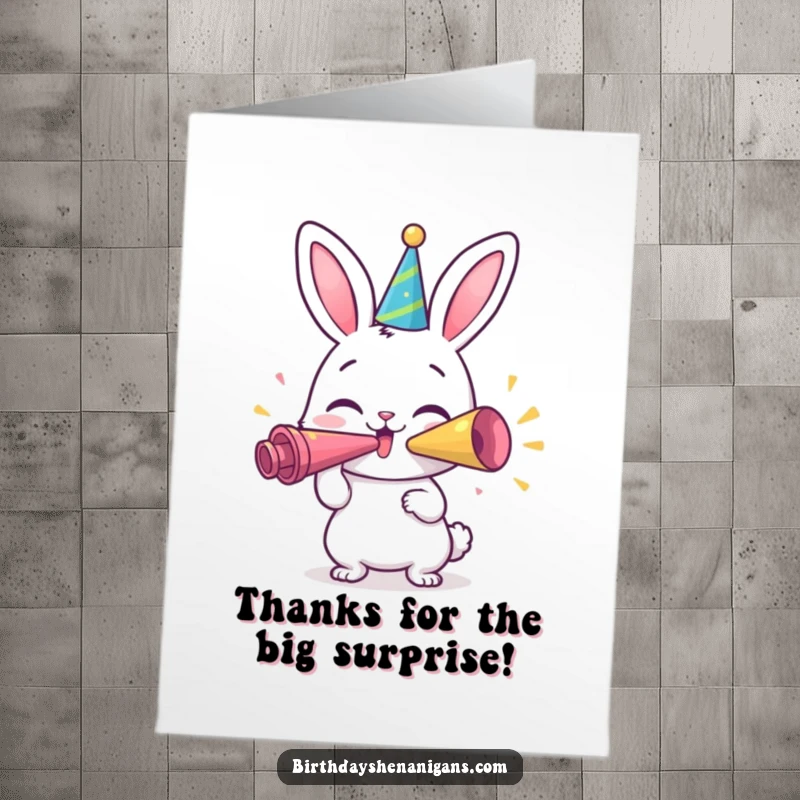 Funny free printable thank you card with a happy bunny character blowing a giant party horn, expressing thanks joyfully.