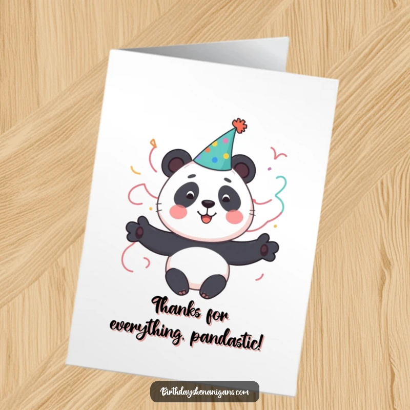Funny free printable thank you card with a cute panda character wearing a party hat and streamers, expressing thanks adorably.