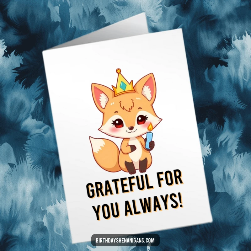 Funny Free Printable Thank You Card: Curious fox with crown and candle, a thoughtful downloadable gift.