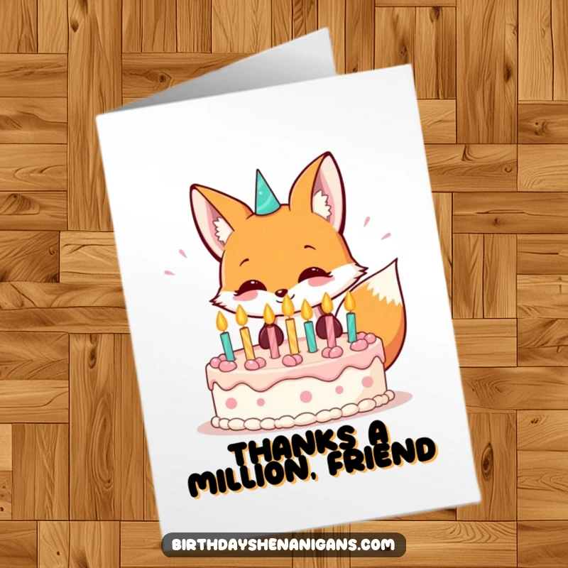Funny free printable thank you card: A kawaii fox grinning happily while blowing out birthday candles on a cake.