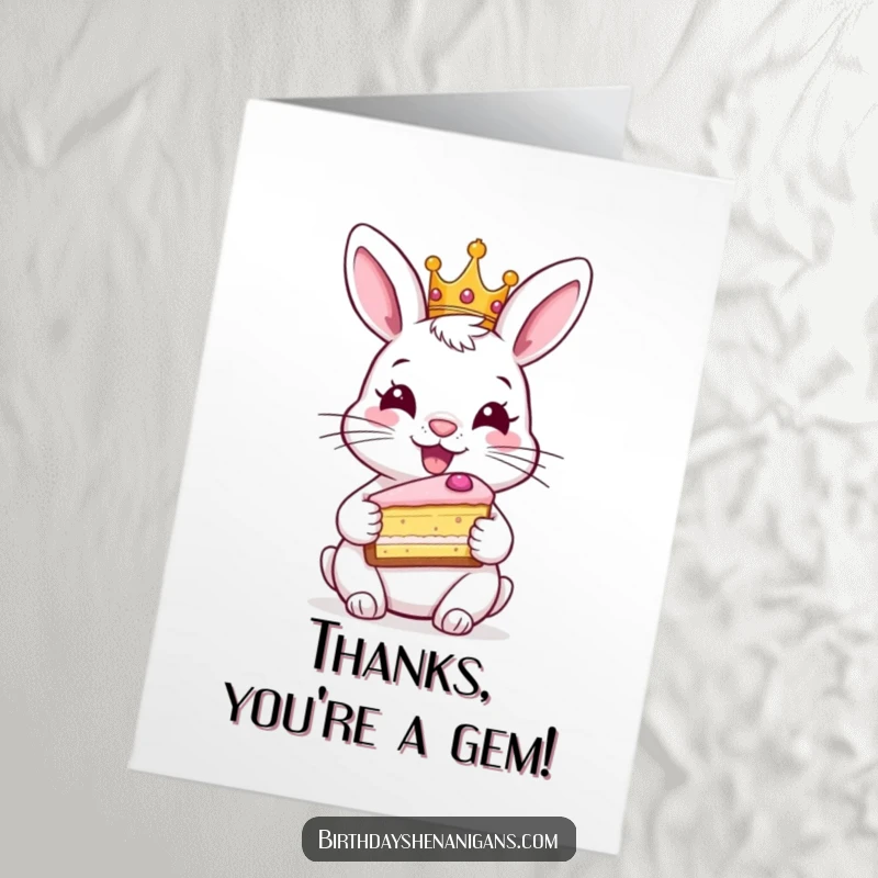 Funny Free Printable Rabbit Thank You Card: Happy rabbit wearing a crown, holding cake, expressing thanks with downloadable bunny sweetness.