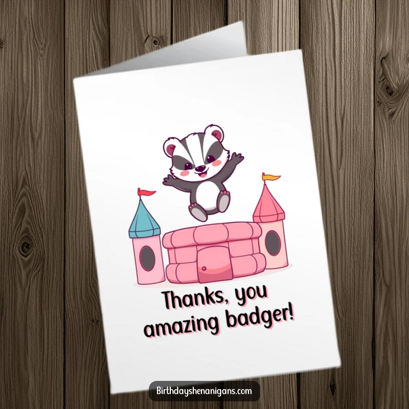 Funny free printable thank you card with a badger bouncing high on a bouncy castle, a delightful and energetic downloadable gift.