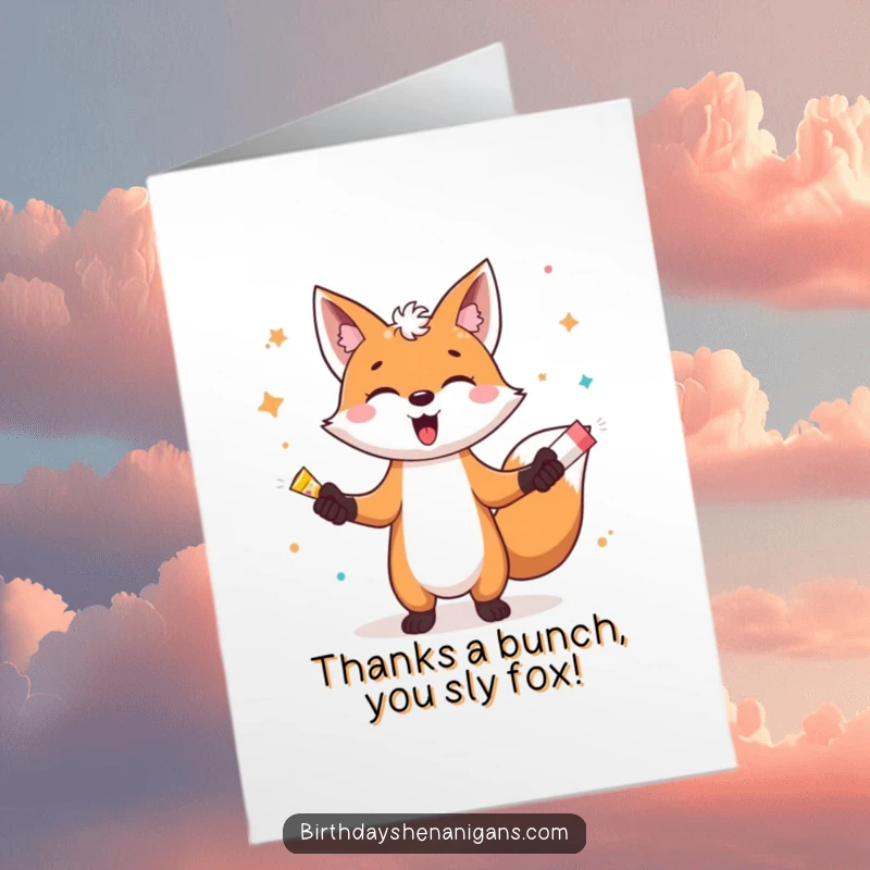 Funny Free Printable Thank You Card: Excited fox character juggling noisy party poppers to express thanks.