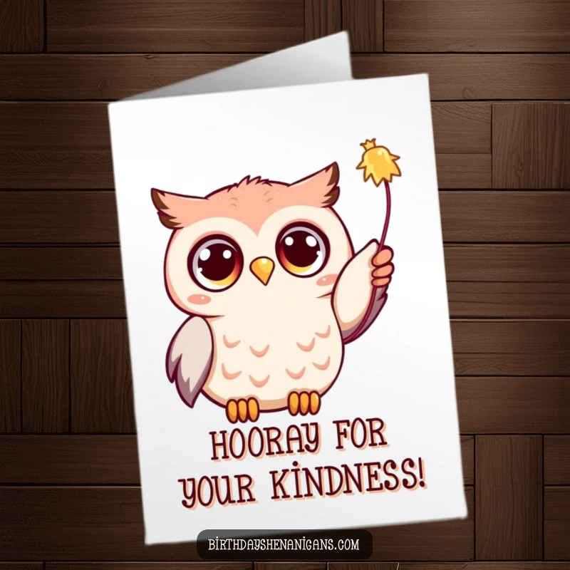 Funny Free Printable Thank You Card featuring a delighted Kawaii owl with big eyes, excitedly reaching for a festive streamer.