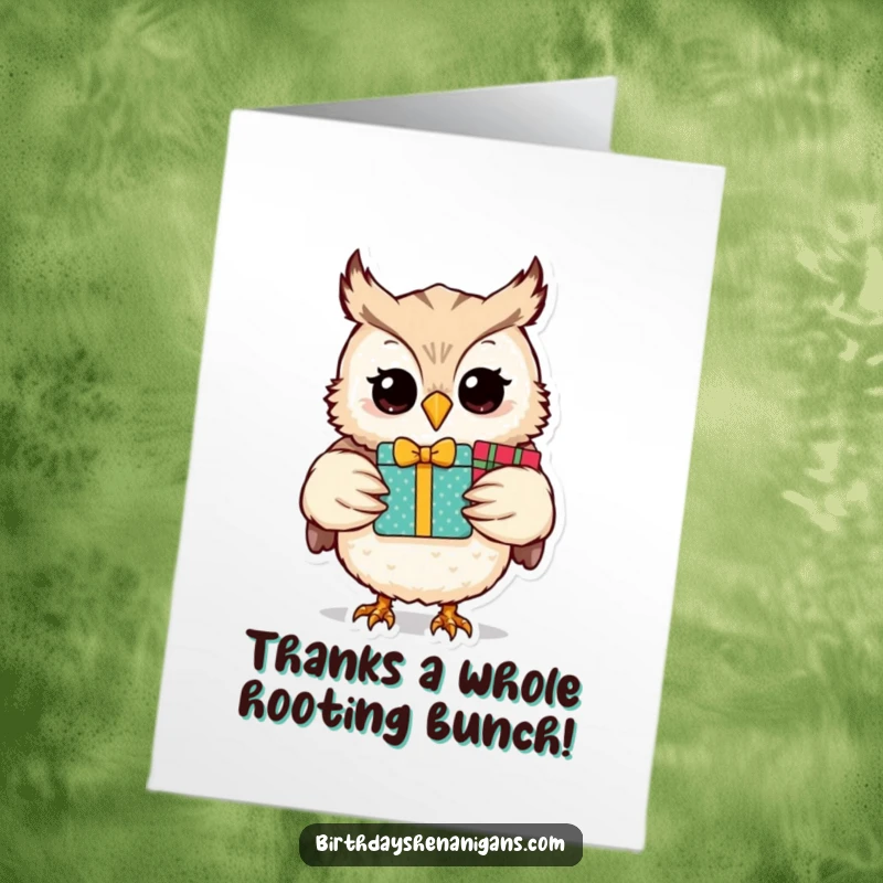 Funny Free Printable Thank You Card: A kindly owl holding a stack of gifts, conveying deep appreciation and thanks.