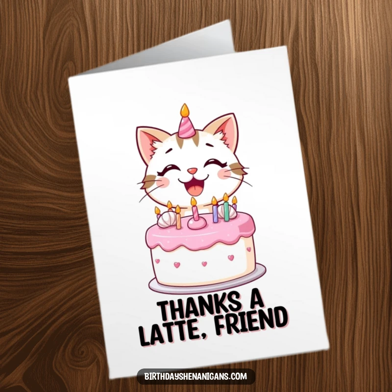 Funny Free Printable Thank You Card: A happy kawaii cat with a big smile decorating a cake.