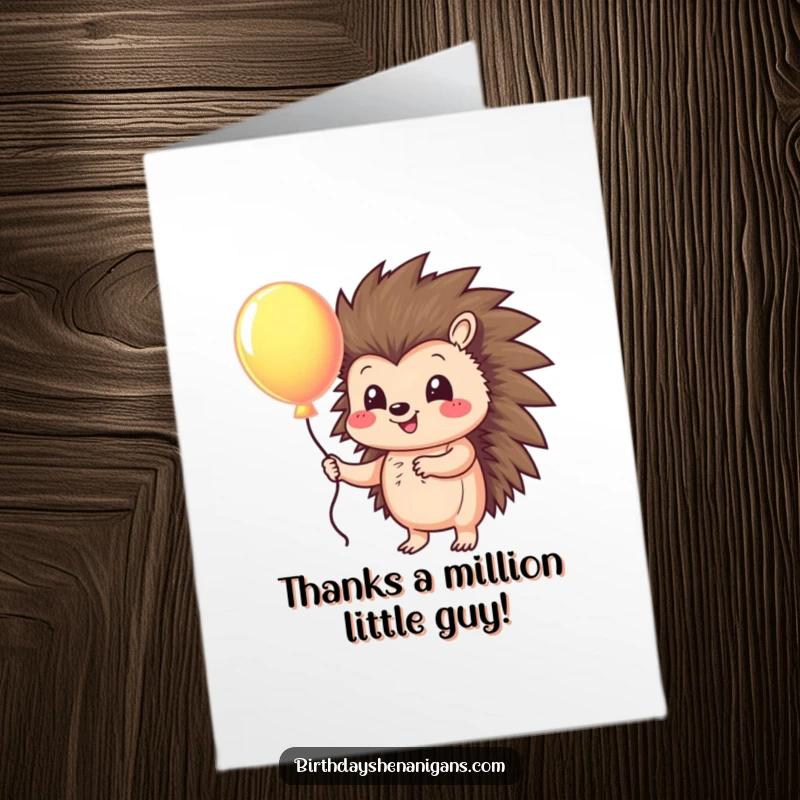 Funny Free Printable Thank You Card: A smiling hedgehog holds a vibrant balloon, offering a sweet thank you.