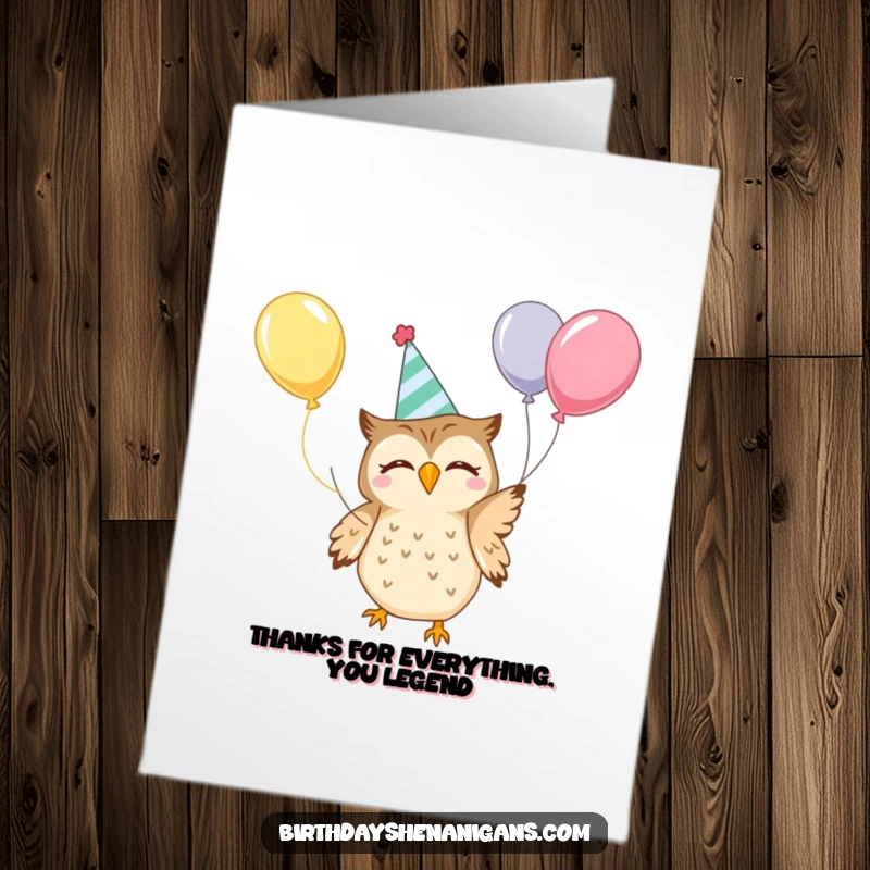 Funny Free Printable Thank You Card: Cute kawaii owl wearing a party hat happily juggling balloons, expressing thanks.