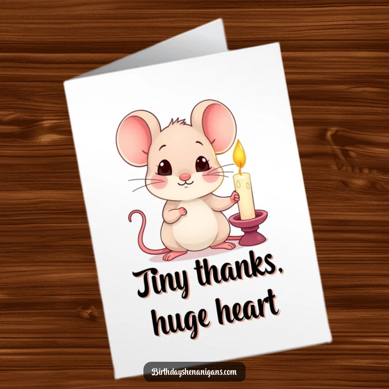 Funny Free Printable Thank You Card: A curious kawaii mouse holding a single, lit candle.