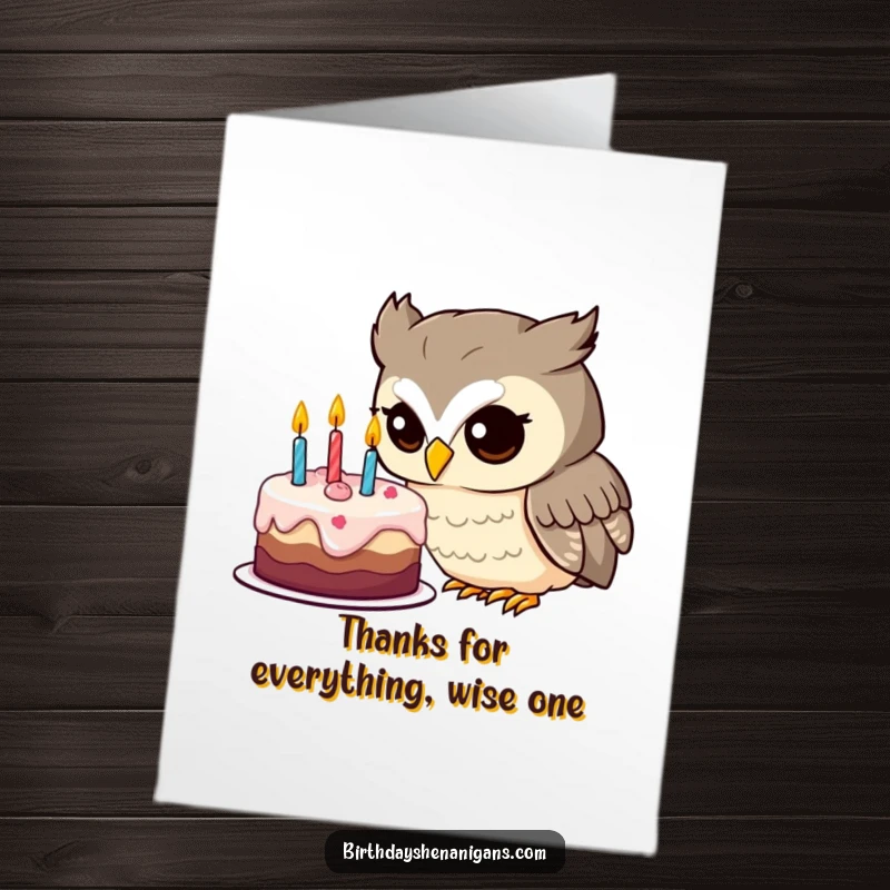 Funny Free Printable Thank You Card: A curious owl gazes at a cake, perfect for conveying thanks with humor.