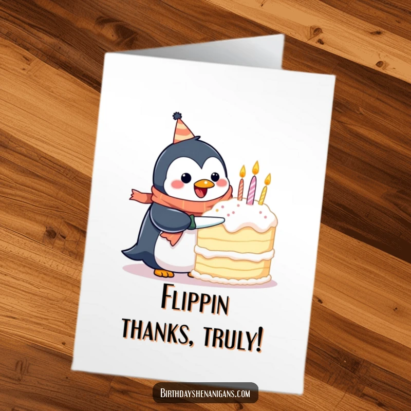 Funny Free Printable Thank You Card: Amusing penguin in a scarf attempts to cut an enormous birthday cake, conveying thanks.