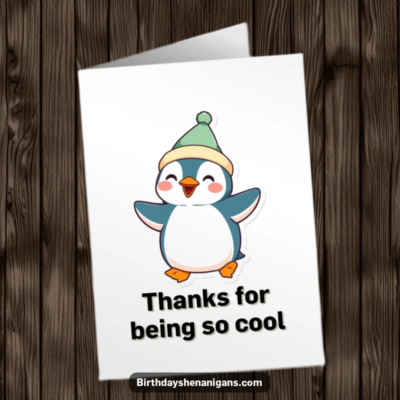 Funny Free Printable Thank You Card: A cute kawaii penguin in festive attire doing a silly, happy dance of gratitude.
