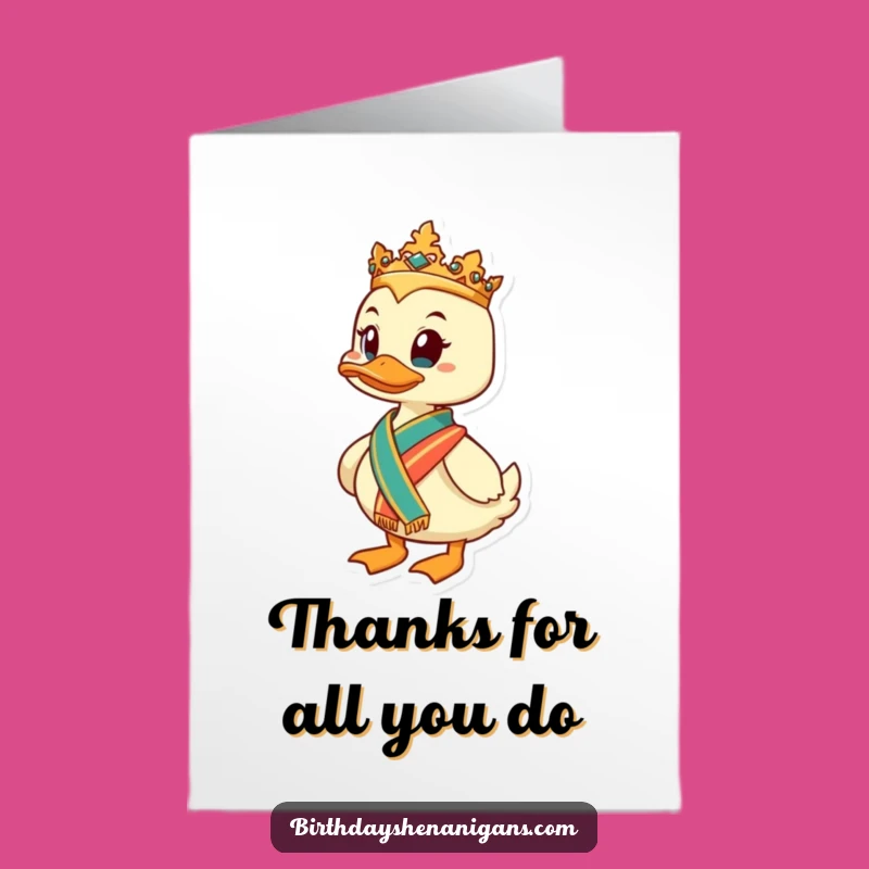 Free Printable Thank You Card: Regal Duck Sash, Amusing Downloadable Greeting for Gracious Thanks