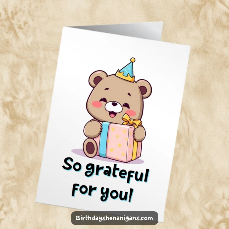 Funny Free Printable Thank You Card: Bear wearing a crown happily holds a comically oversized gift, conveying immense thanks.
