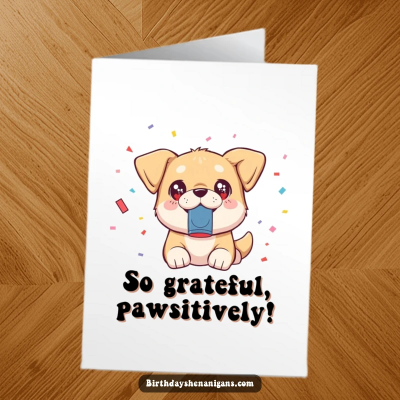 Funny Free Printable Thank You Card: A kawaii dog with sparkling eyes happily launching confetti.