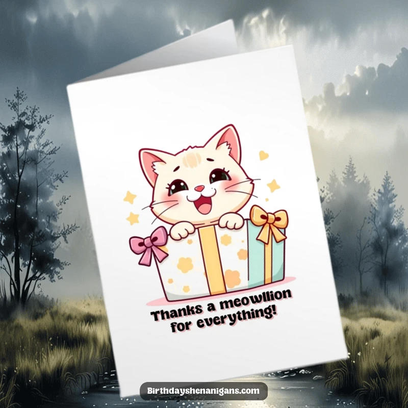 Funny Free Printable Thank You Card: A cat looks overjoyed while opening a generously sized gift box.