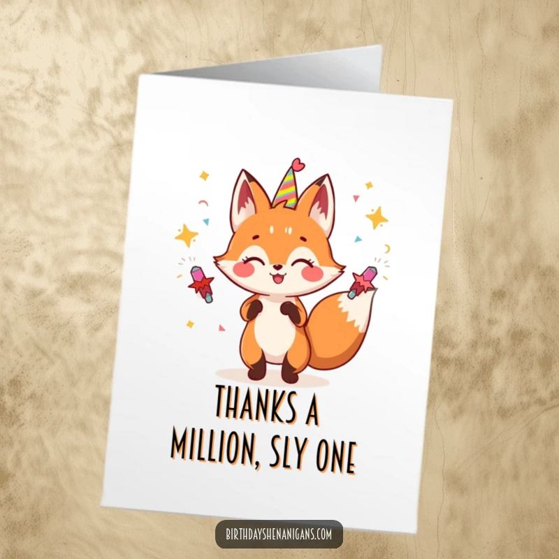 Funny Free Printable Thank You Card: A gleeful fox juggles party poppers, expressing thanks with energetic humor.