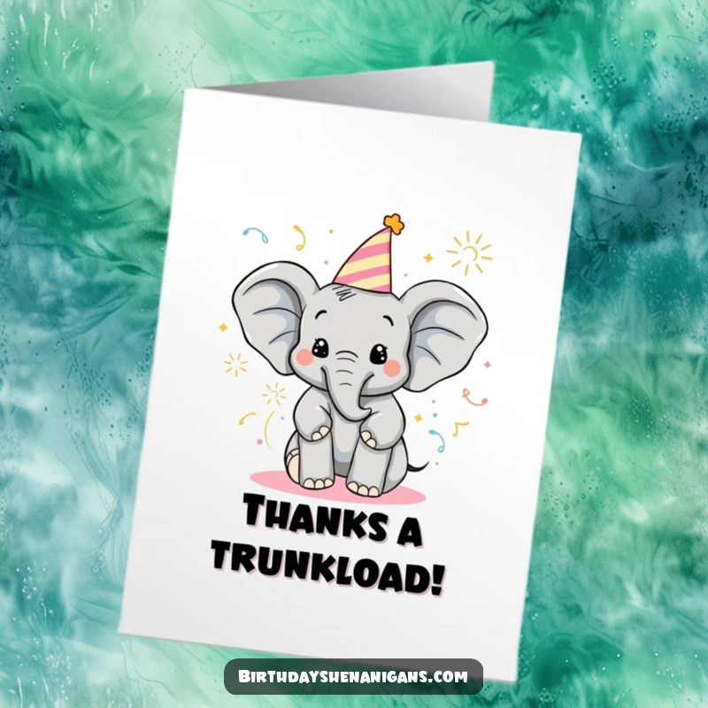Funny Free Printable Thank You Card: Delighted elephant sprays poppers, expressing sincere thanks.