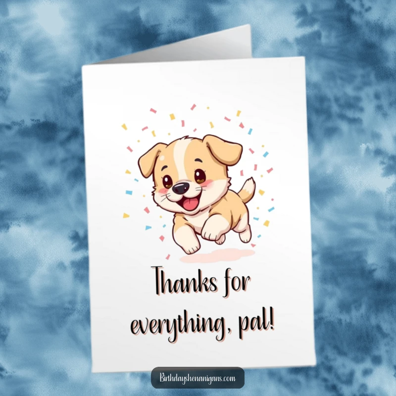 Funny Free Printable Puppy Thank You Card: Excited puppy chasing a cascade of confetti, expressing thanks with downloadable puppy joy.