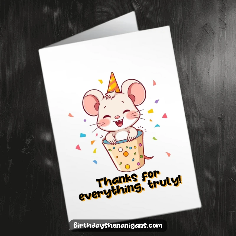 Funny Free Printable Thank You Card: Giggling mouse erupts from a party popper, a perfect downloadable gift.
