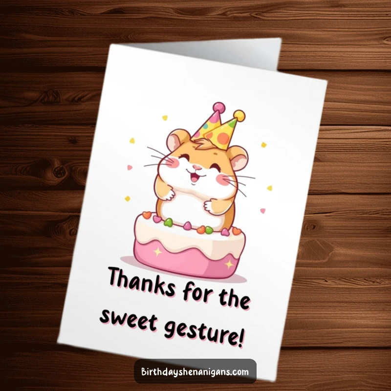 Funny Free Printable Thank You Card with a gleeful Kawaii hamster in a party hat, spinning happily on a festive cake.