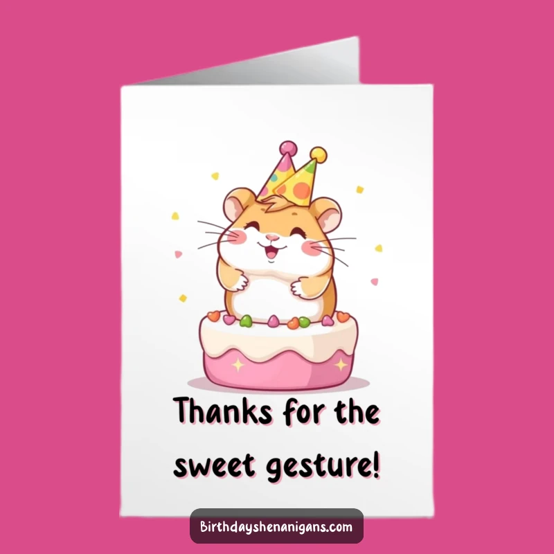 Free Printable Thank You Card: Funny Kawaii Hamster on Cake, Cheerful Downloadable Greeting