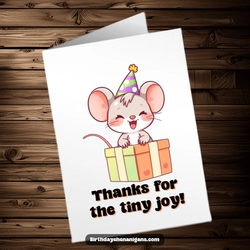 Funny Free Printable Thank You Card: Giggling mouse in party hat on a gift box expressing thanks.