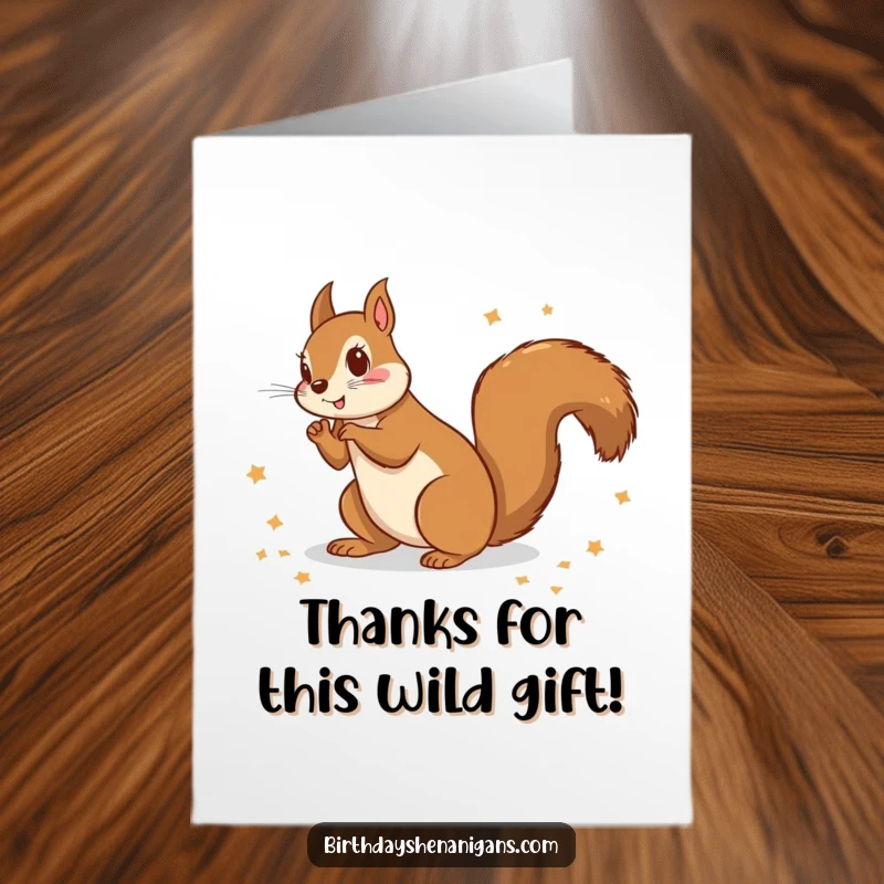 Funny free printable thank you card depicting a happy squirrel scattering wrapping paper, offering thanks amidst playful mess.