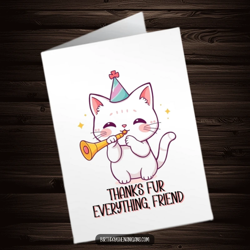 Funny Free Printable Thank You Card featuring a kawaii cat wearing a birthday hat and blowing a trumpet, expressing thanks.