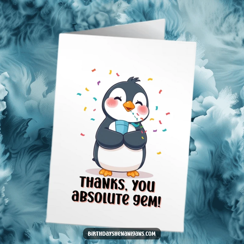 Funny free printable thank you card with a wobbly penguin blowing a confetti popper, sending bubbly thanks.