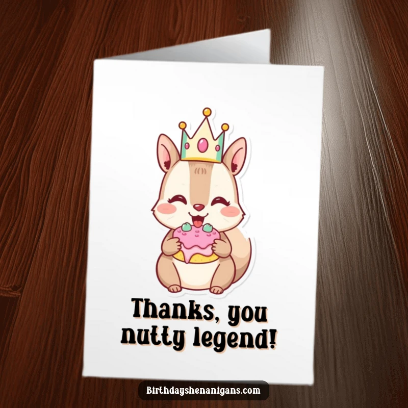 Funny Free Printable Thank You Card: Joyful squirrel in crown happily eats cake, expressing thanks.