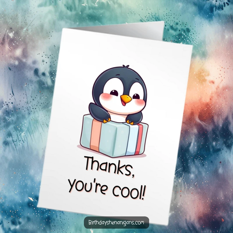 Funny Free Printable Penguin Thank You Card: Cheerful penguin sliding down a wrapped gift, expressing thanks with downloadable penguin charm.
