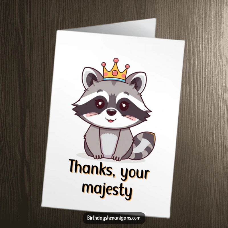Funny Free Printable Thank You Card: A happy raccoon wears a festive crown, conveying thanks in a 'royal' and humorous way.