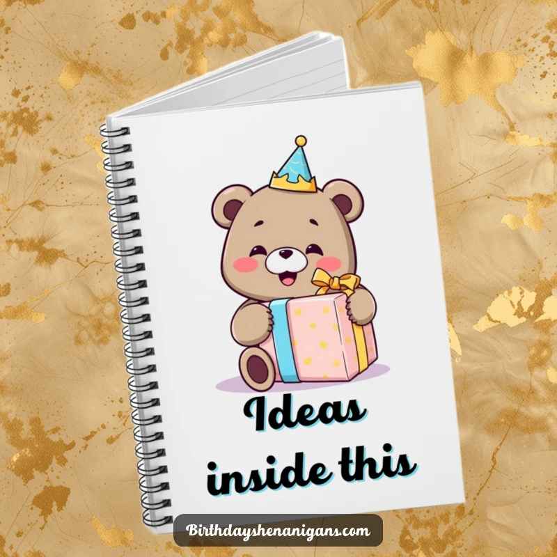 Funny notebook with a smiling bear wearing a birthday crown, happily unwrapping a comically oversized gift, ideal for notes and ideas.