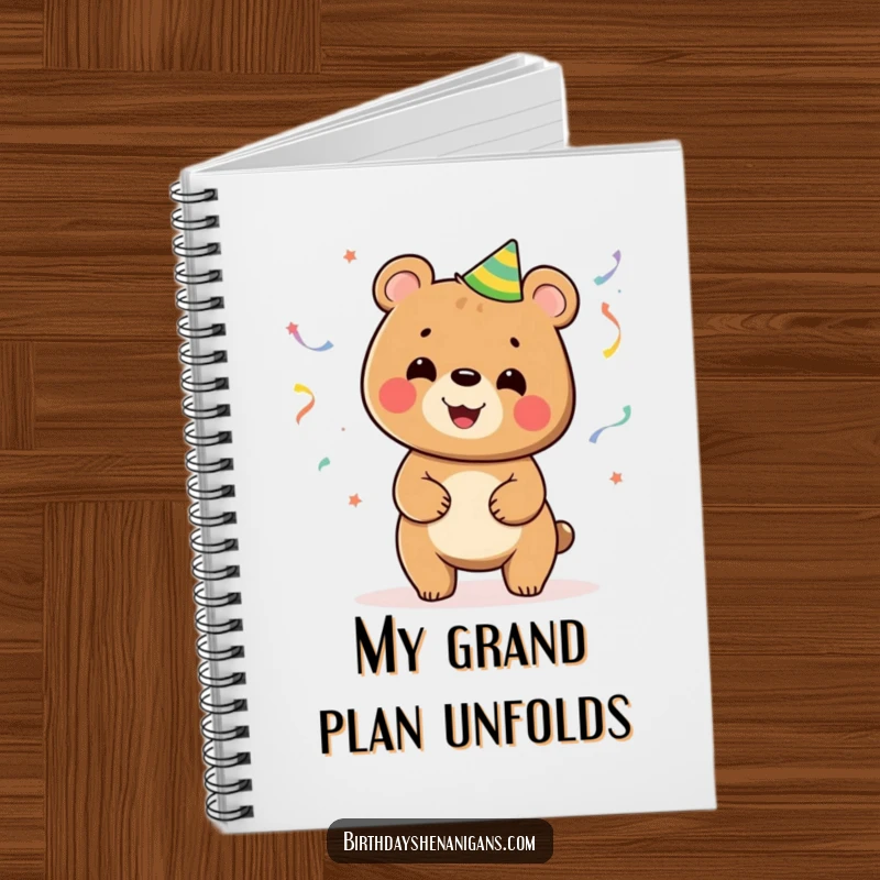 Funny notebook cover with a cheerful bear juggling colorful party streamers, inspiring creative and fun notes.