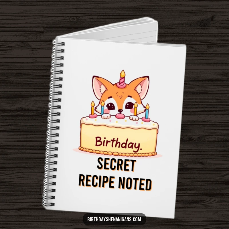 Funny notebook cover with a sly fox hiding behind a birthday cake, prompting notes and party ideas.