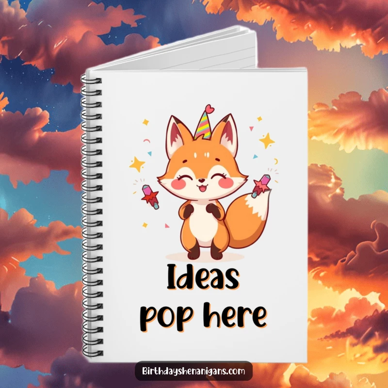 Funny fox notebook with a gleeful character juggling party poppers, ideal for planning and creative writing.