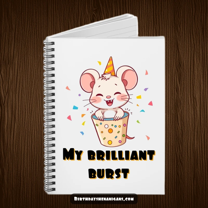 Funny mouse popping out of a party popper, confetti flying, a humorous notebook for capturing thoughts and ideas.