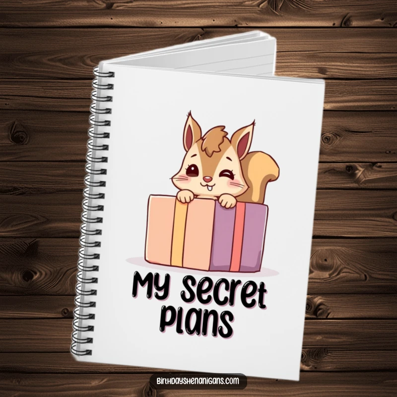 Funny giggling squirrel notebook, a playful character peeking from behind a giant present, perfect for journaling and notes.