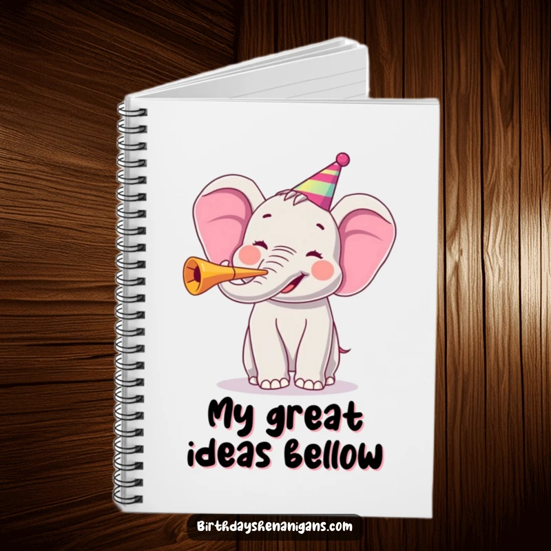 Funny notebook with a joyful elephant character blowing a party horn, ideal for jotting down festive ideas and plans.