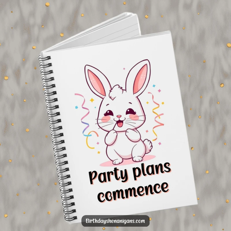 Funny kawaii bunny party notebook with a joyful bunny blowing streamers, ideal for planning celebrations.