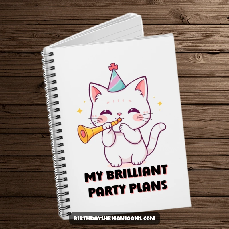Funny kawaii cat wearing a birthday hat blowing a trumpet on a notebook, inspiring cheerful and festive notes. Useful gift.