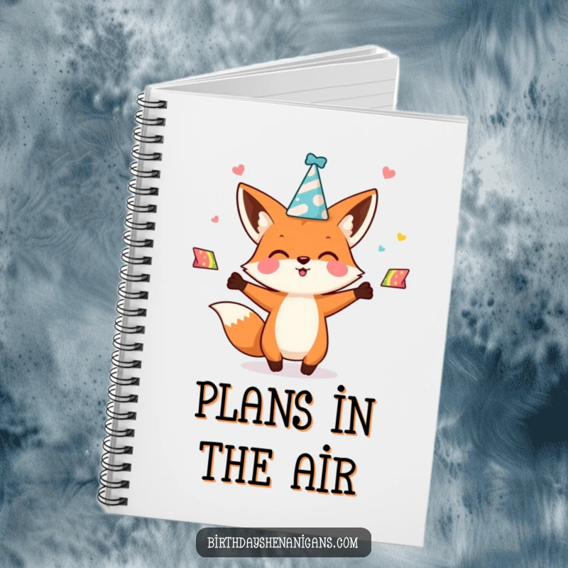 Funny kawaii fox character enthusiastically juggling party hats on a notebook, inspiring creativity and organization with its playful design.