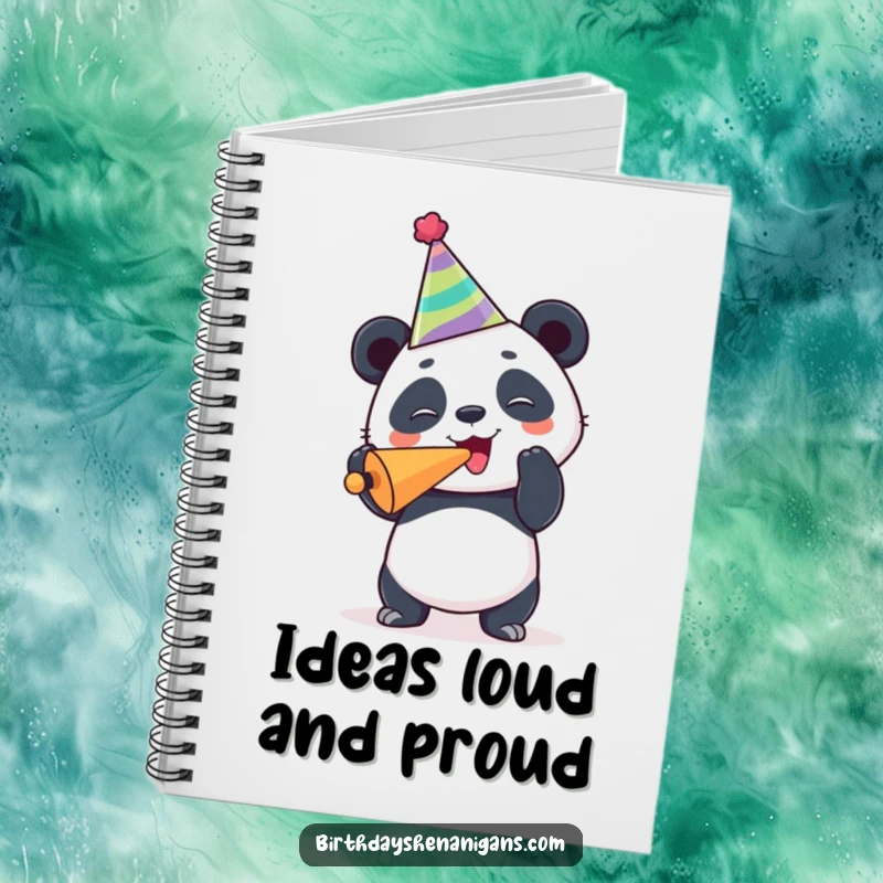 Funny panda notebook, joyous, wearing party hat, blowing noisemaker, writing ideas, creative celebration, humorous.