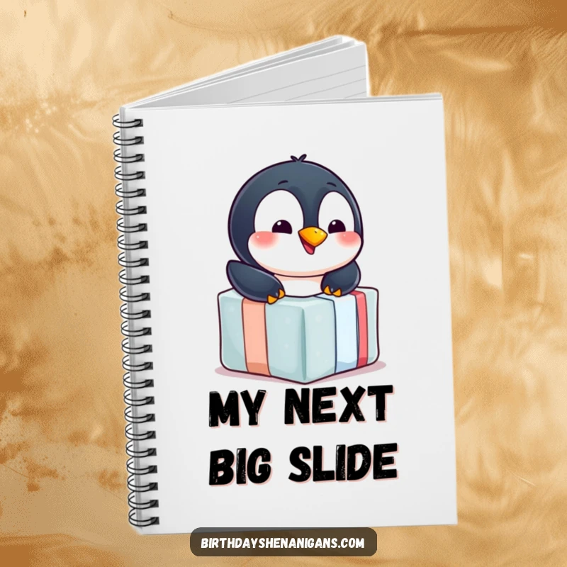 Funny penguin notebook, cheerful, sliding down gift, winter joy, writing ideas, cute penguin, humorous.